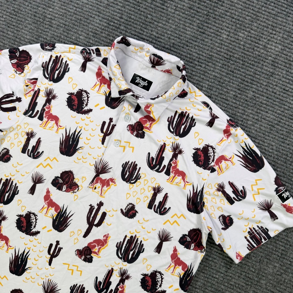 Waggle Golf Polo Shirt Mens Small White Coyote Cactus Desert Print Short Sleeve